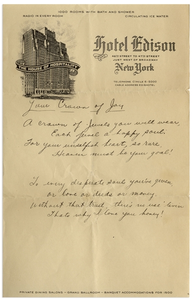 Moe Howard Handwritten Poem to His Wife Entitled ''Your Crown of Joy'' -- From the 1930s on New York Hotel Stationery -- Single Page Measures 6'' x 9.5'', Near Fine Condition
